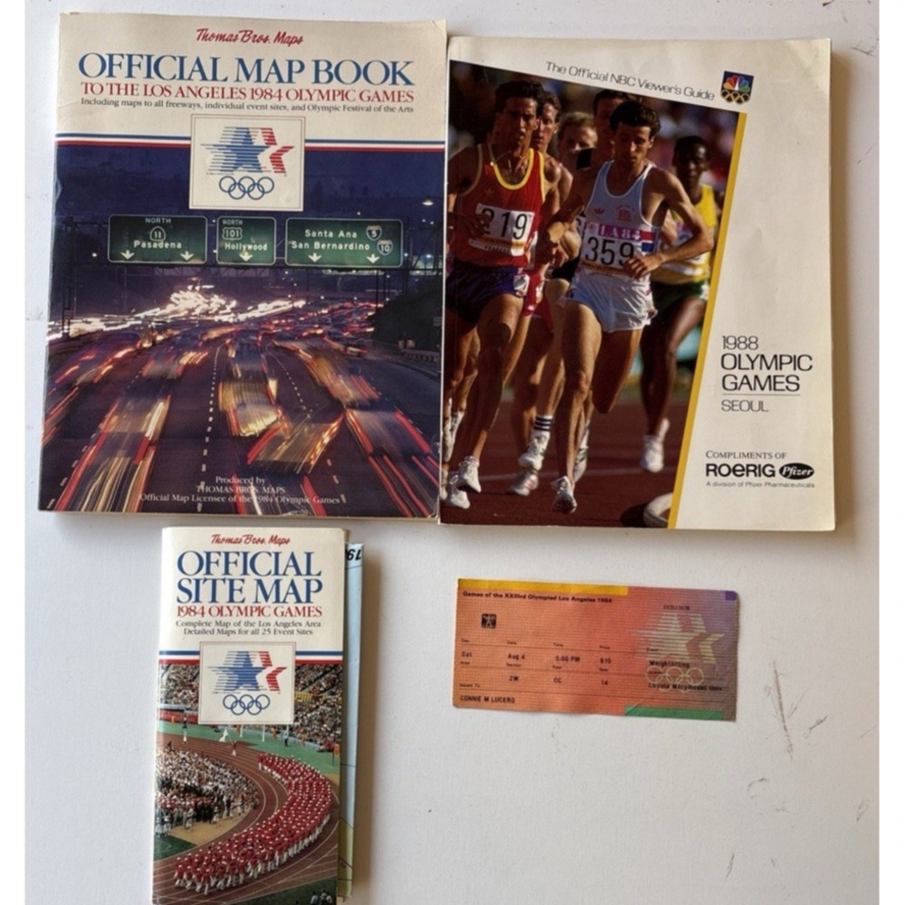1984 OLYMPIC Thomas Bros Map Book and SITE MAP Ticket Stub and '88 Guide (V15)